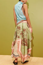 Alberta Satin Unique Color-blocked Print Tie Detail Layered Scarf Midi Dress