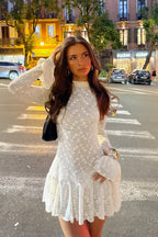 Lace Mock Neck Bell Sleeve Ruffle Hem Mini Dress