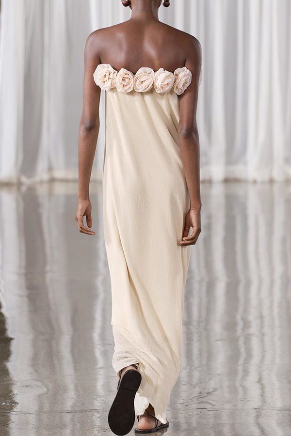 Strapless 3D Floral Rosette Applique Column Maxi Dress