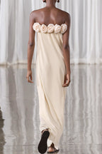 Strapless 3D Floral Rosette Applique Column Maxi Dress