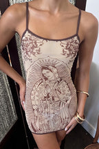 Brown Spaghetti Strap Square Neck Graphic Print Bodycon Mini Dress