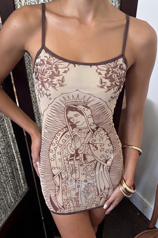 Brown Spaghetti Strap Square Neck Graphic Print Bodycon Mini Dress