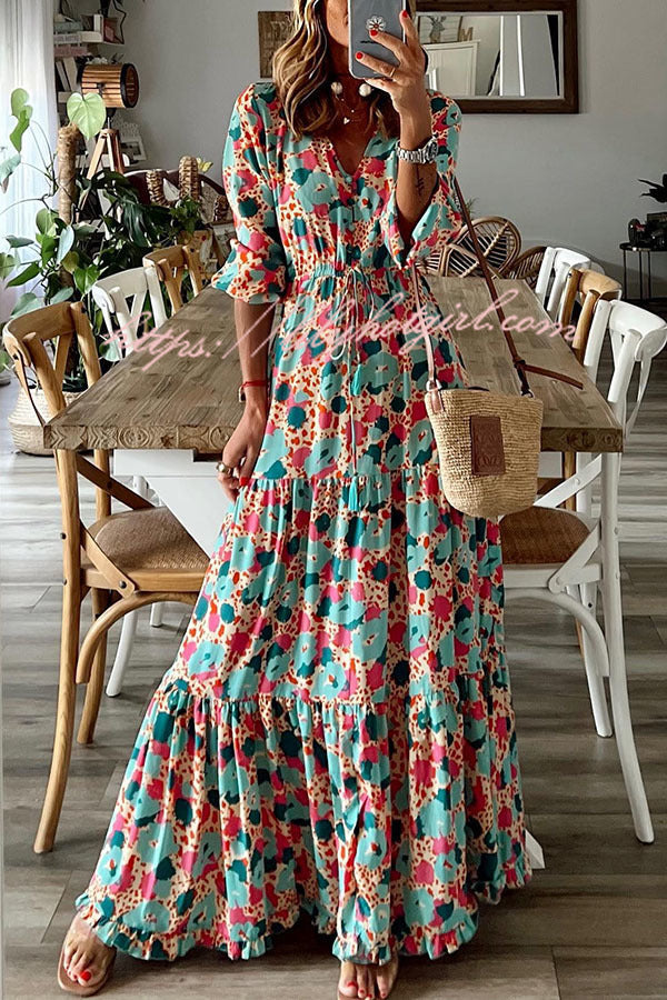 Abstract Floral Print Drawstring Waist Tiered Blouson Sleeve Maxi Dress