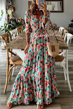 Abstract Floral Print Drawstring Waist Tiered Blouson Sleeve Maxi Dress