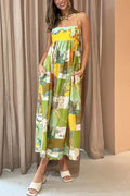 Dragon Print Patchwork Grid Empire Waist Pocketed Maxi Dress