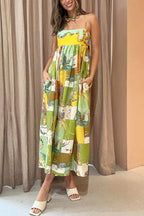 Dragon Print Patchwork Grid Empire Waist Pocketed Maxi Dress