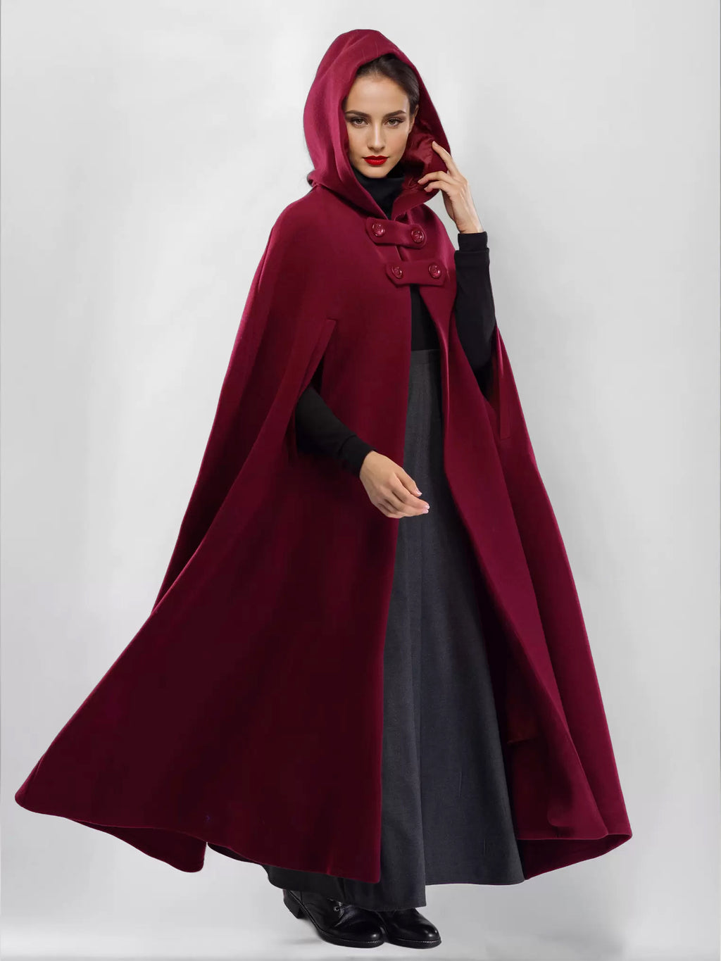 Wool Blend Maxi Cape Coat With Hooded Burgundy Full Length Poncho Oversized Outerwear For Women 2026