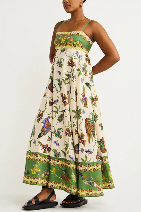 Bird Print Border Hem Spaghetti Strap Fit and Flare Pocket Maxi Dress