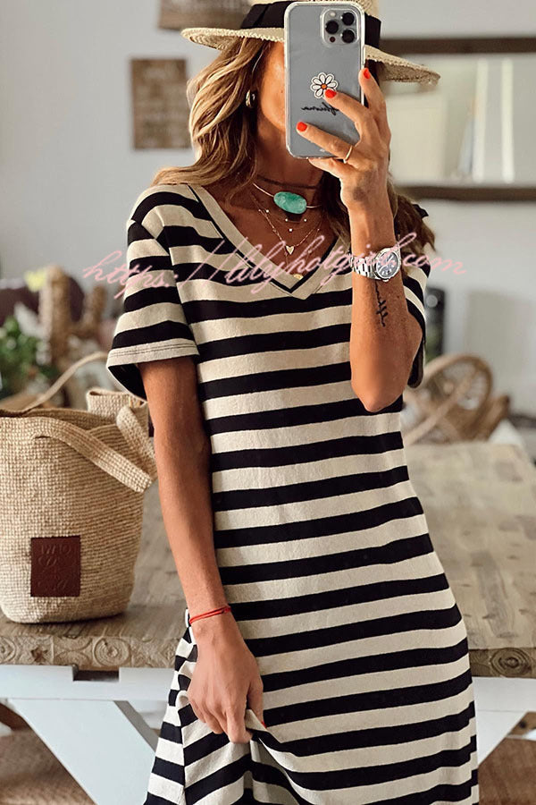 Stripe V Neck Short Sleeve Side Slit Maxi Dress