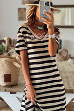 Stripe V Neck Short Sleeve Side Slit Maxi Dress