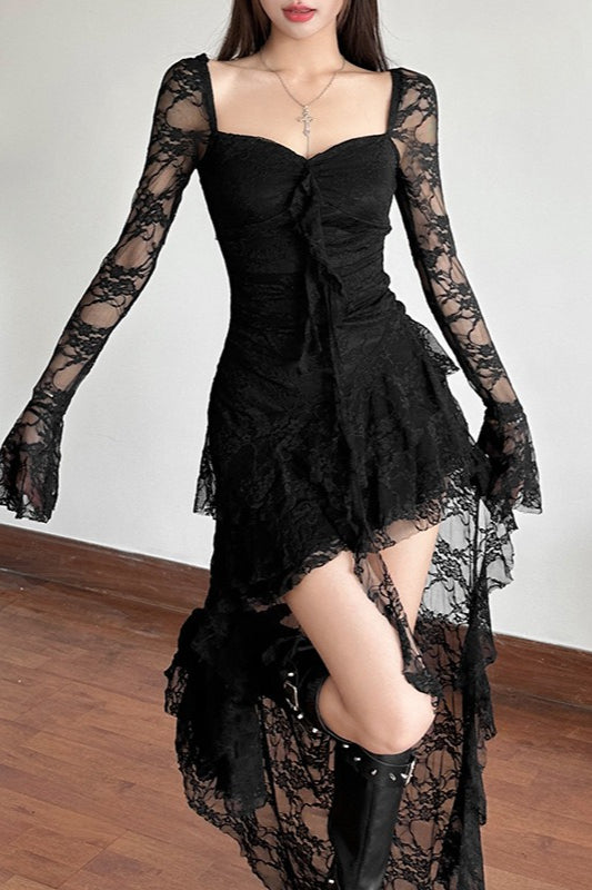 Lace Long Sleeve Lace Up Corset Sweetheart High Low Train Mini Dress