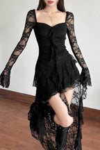 Lace Long Sleeve Lace Up Corset Sweetheart High Low Train Mini Dress