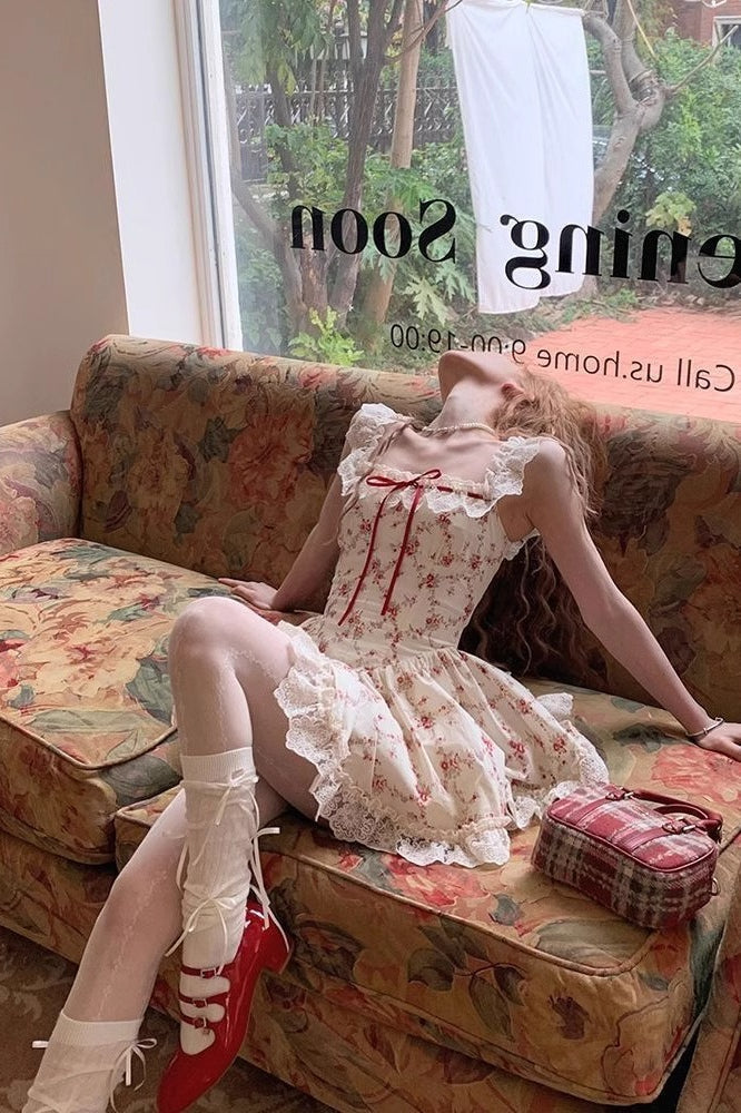 Floral Print Lace Trim Bow Sweetheart Corset Mini Dress