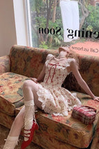Floral Print Lace Trim Bow Sweetheart Corset Mini Dress