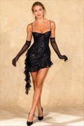 Sequin Spaghetti Strap Sweetheart Cascade Ruffle Mini Dress