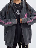 Distressed Contrast Color Embroidered Zip Up Oversized Hoodie