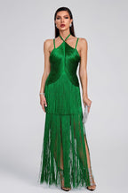 Halter Spaghetti Strap Tiered Fringe Maxi Dress