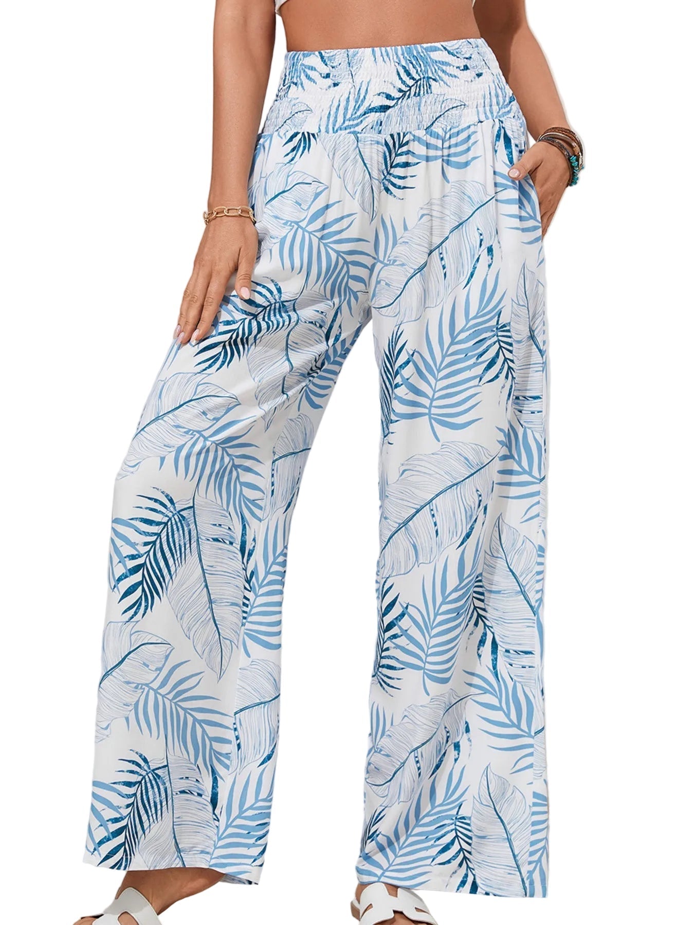Tropical Wide Leg Pants | Shirred Waist Women__ Style