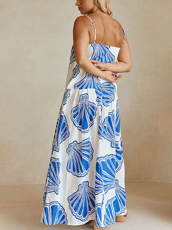 Seashell Print Square Neck Spaghetti Strap Flowy Maxi Dress