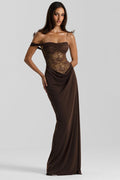 Lace Bustier Off Shoulder Spaghetti Strap Draped Cowl Maxi Gown