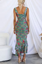 Floral Print Ruched Sweetheart Cut Out Asymmetric Ruffle Hem Midi Dress