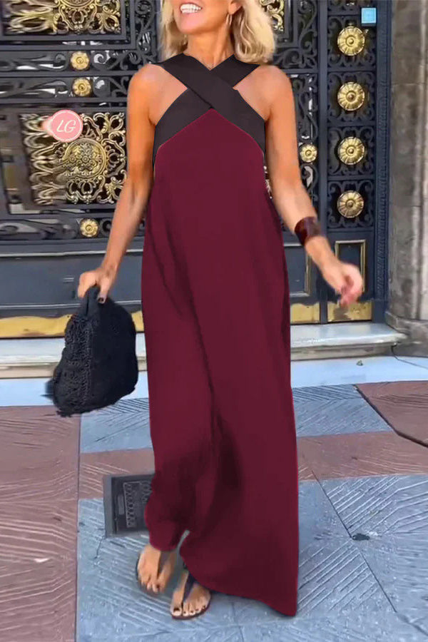 Halter Neck Mesh Illusion Panel Flowy Maxi Dress