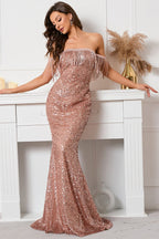 Sequin Off Shoulder Fringe Trim Mermaid Maxi Gown