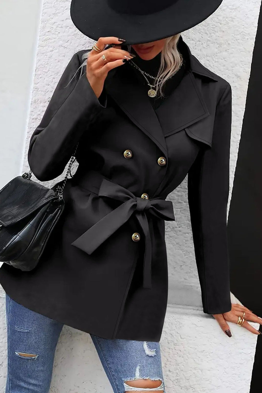 Solid Double-Breasted Tie Waist Mid-Length Trench Coat