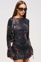 Sexy Fitted Crew Neck Printed Long-Sleeve Bodycon Dress