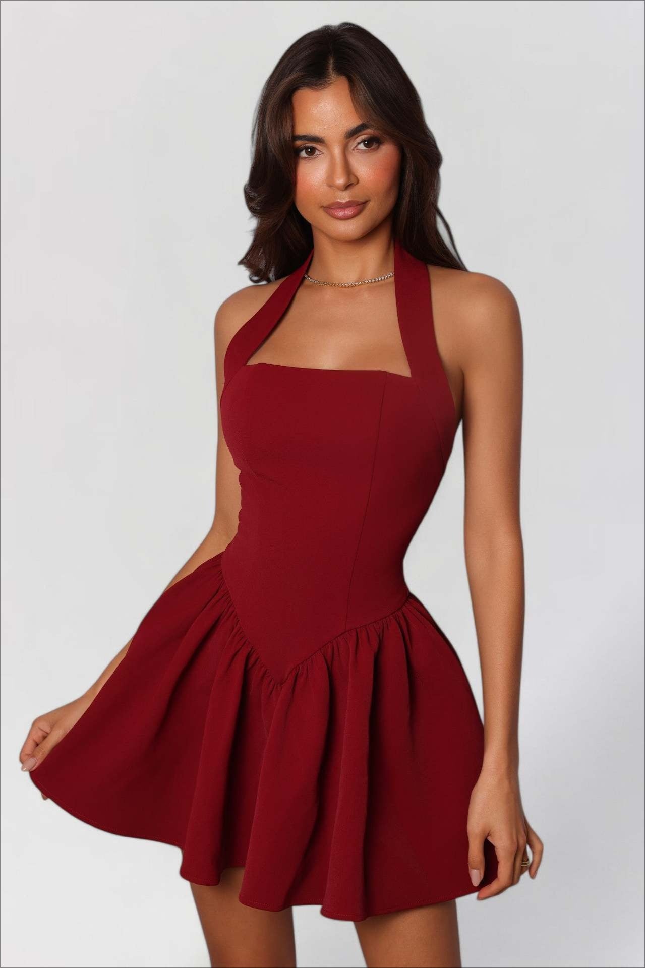Halter Neck Square Neckline Fit and Flare Structured Mini Dress