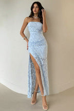 Strapless Floral Lace Side Ruched High Thigh Slit Maxi Dress