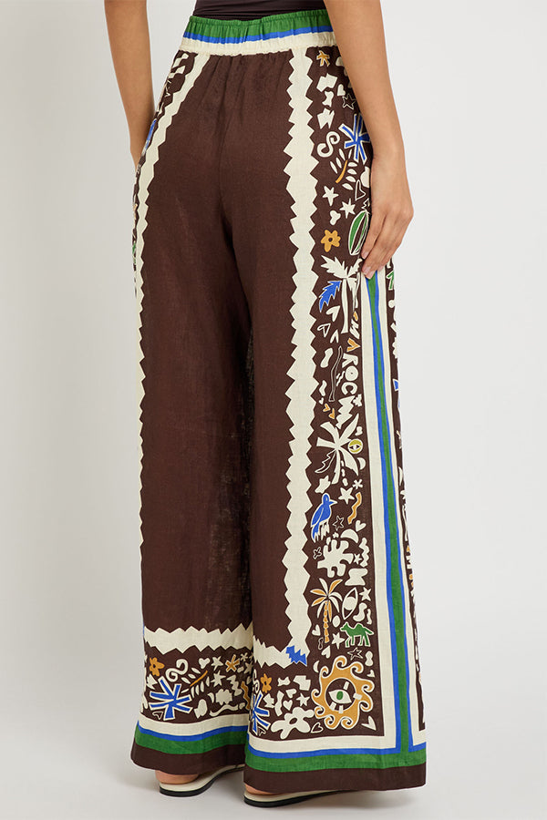 Antibes Satin Court Unique Printed Long Sleeve Loose Shirt and Elastic Waist Pants Set