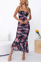 Floral Print Ruched Sweetheart Cut Out Asymmetric Ruffle Hem Midi Dress