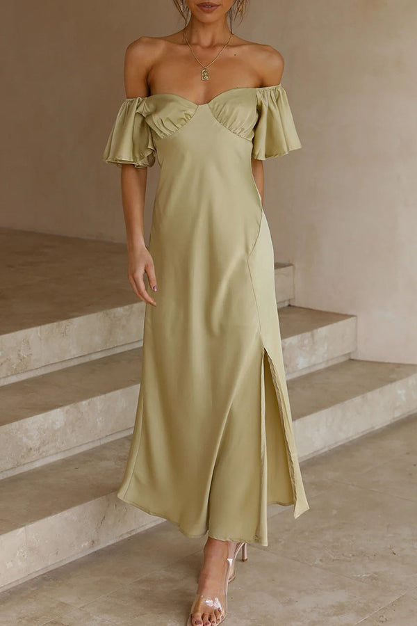 Satin Off Shoulder Flutter Sleeve Sweetheart Ruched Side Slit Midi Dress