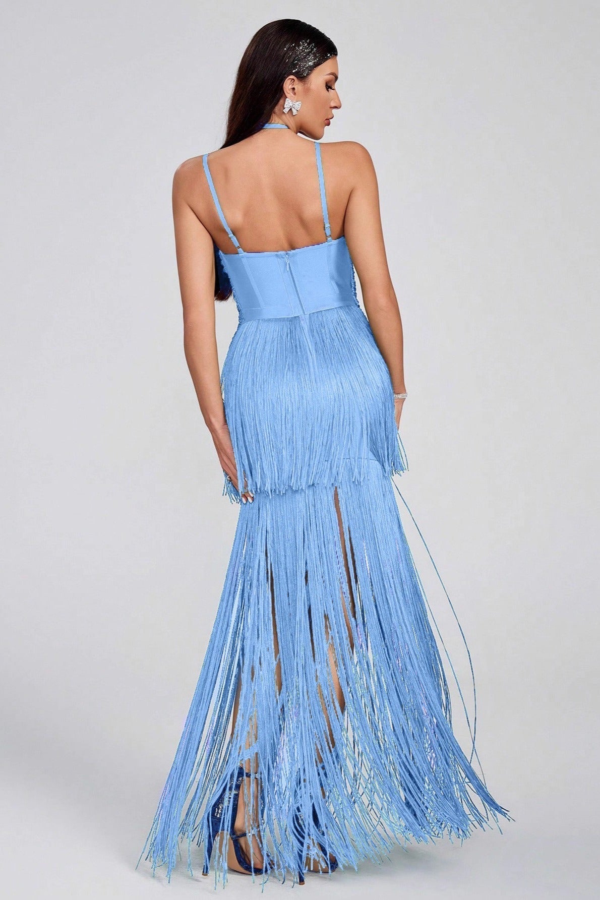 Halter Spaghetti Strap Tiered Fringe Maxi Dress