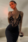 Black Deep V Neck Ring Hardware Floral Lace Panel Bodycon Midi Dress