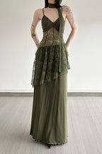 Lace Panel Spaghetti Strap Waist Tie Asymmetric Overlay Maxi Dress