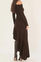 Off Shoulder Long Sleeve Asymmetric Ruffle Hem Knit Midi Dress