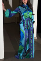 Ellie Satin Unique Print Balloon Sleeve High Low Shirt and Elastic Waist Pocket Loose Pants Set