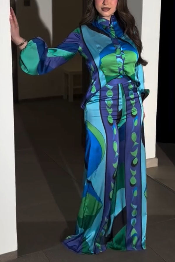 Ellie Satin Unique Print Balloon Sleeve High Low Shirt and Elastic Waist Pocket Loose Pants Set