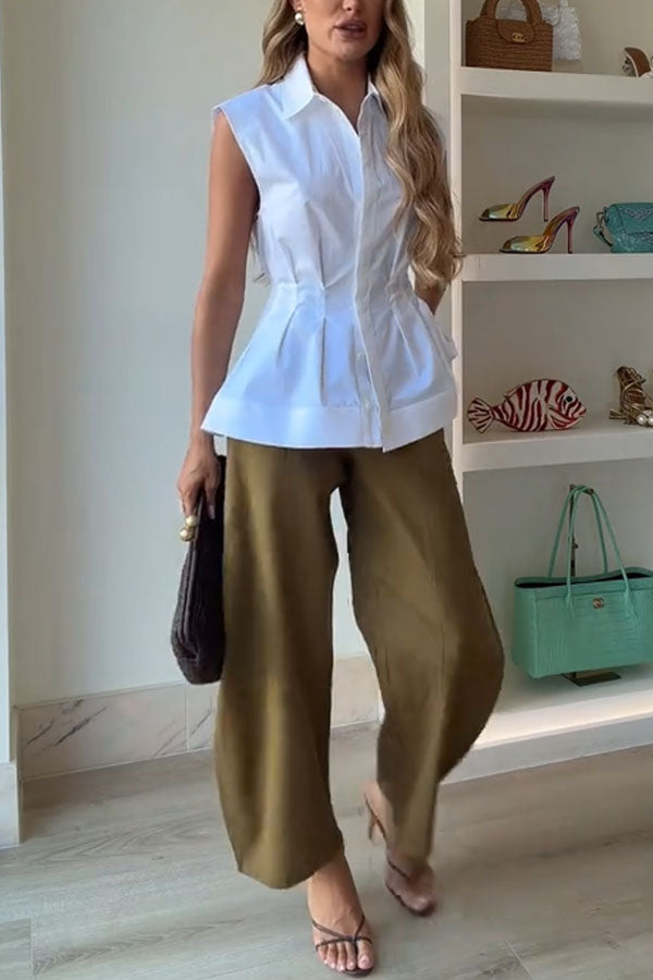 Devon Lapel Button Up Sleeveless Pleated Waist Flare Hem Shirt