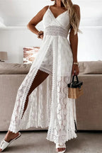 White Lace V-Neck Hollow With Side Slit Dress