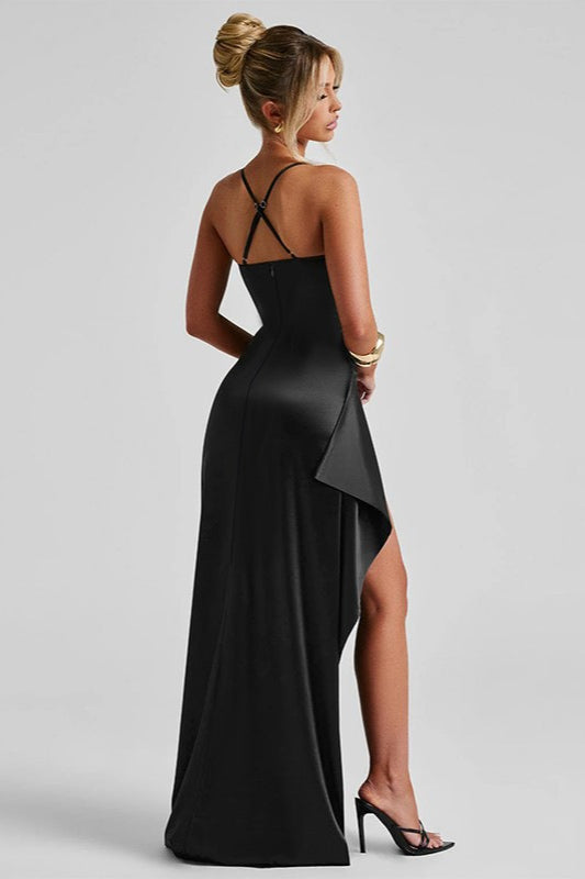 Satin Spaghetti Strap Ruched Drape High Split Bodycon Maxi Mini Dress