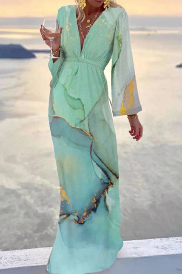 Marble Print Deep V-Neck Bishop Sleeve High Waist Flowy Maxi Dress