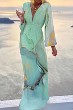 Marble Print Deep V-Neck Bishop Sleeve High Waist Flowy Maxi Dress