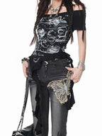 Printed Irregular Ribbon Scoop Neck T-Shirt