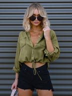 Denim Blouse Drop Shoulder Long Sleeves Buttons Lace Up Tops