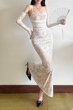 Floral Lace Square Neck Long Sleeve Ruched Mermaid Maxi Dress