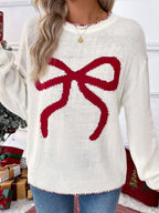 Bow Jacquard Loose Long-sleeved Round Neck Sweater