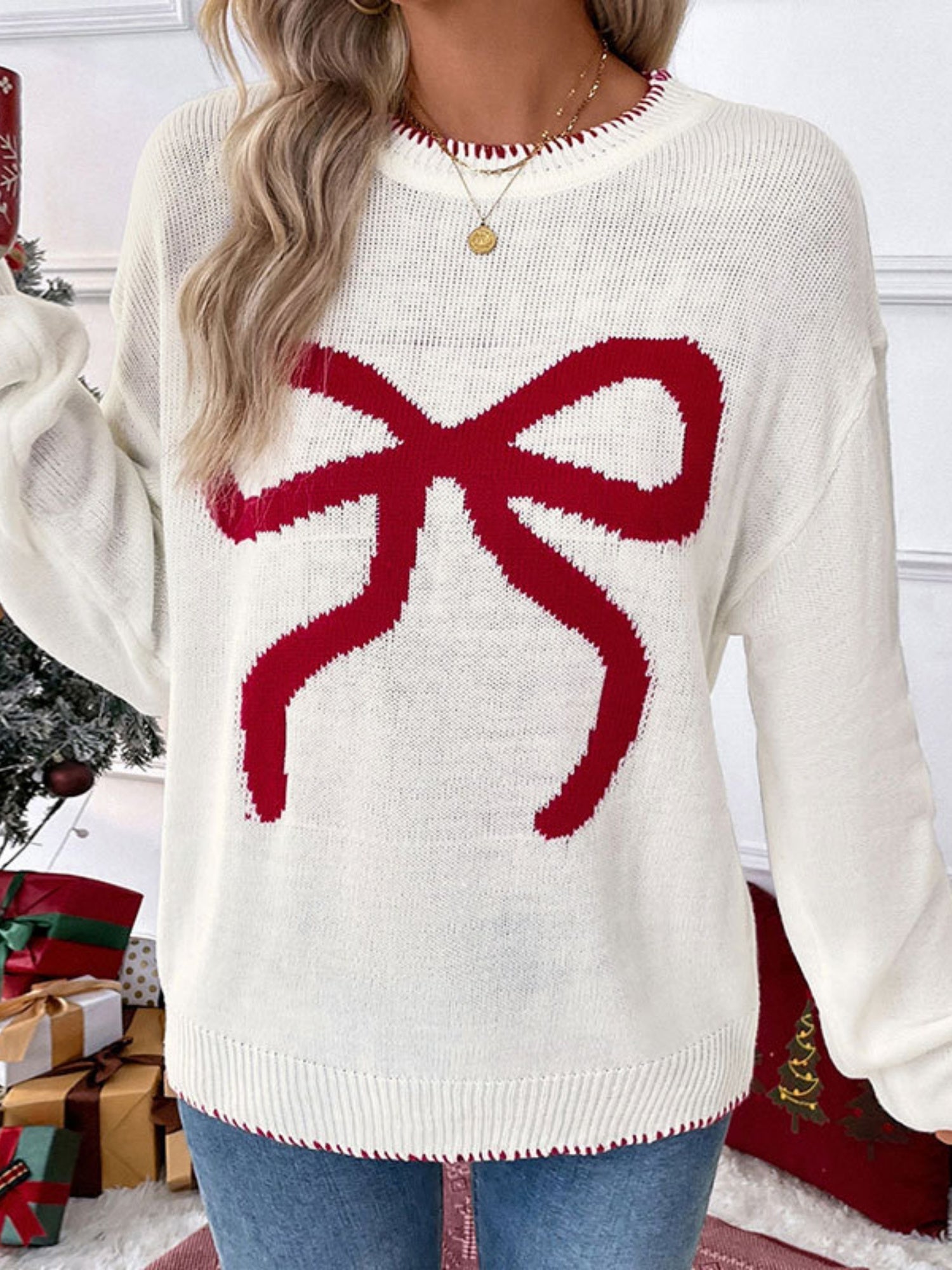 Bow Jacquard Loose Long-sleeved Round Neck Sweater